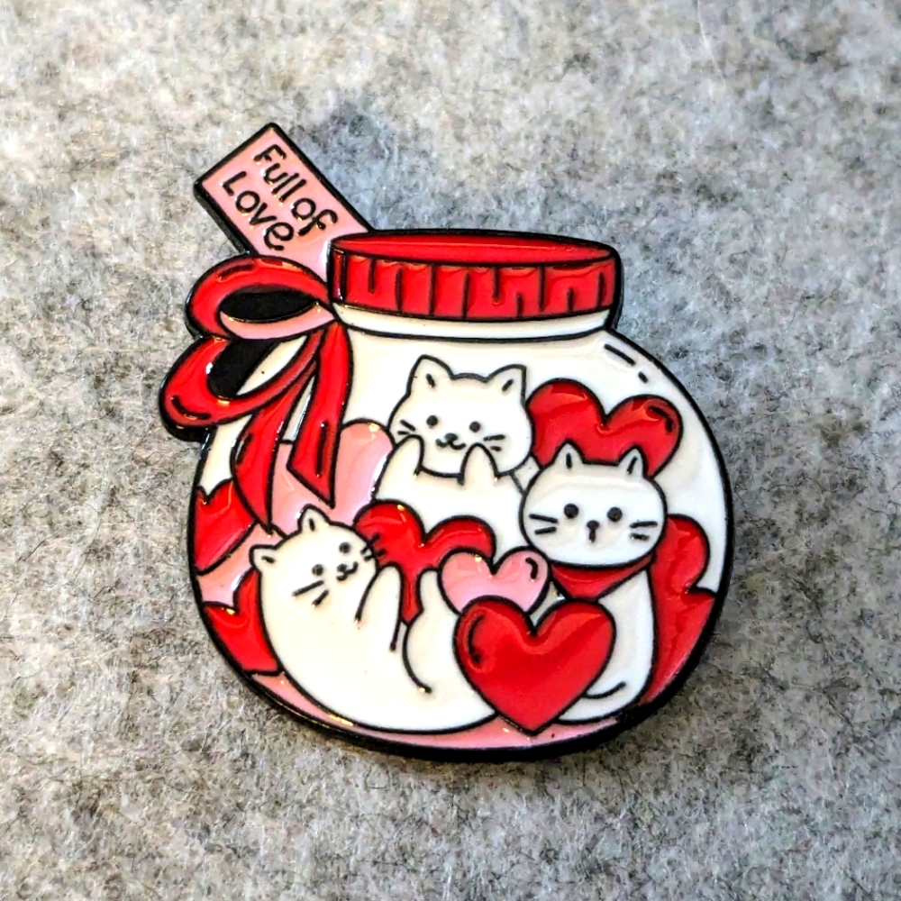 "Full of Love" Cats Valentines Pin - Bottle of Kitties Enamel Lapel Brooch
